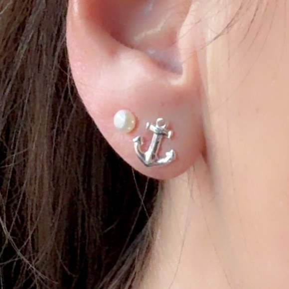 Sterling Silver Dainty Anchor Stud Earrings - Picture 3 of 9